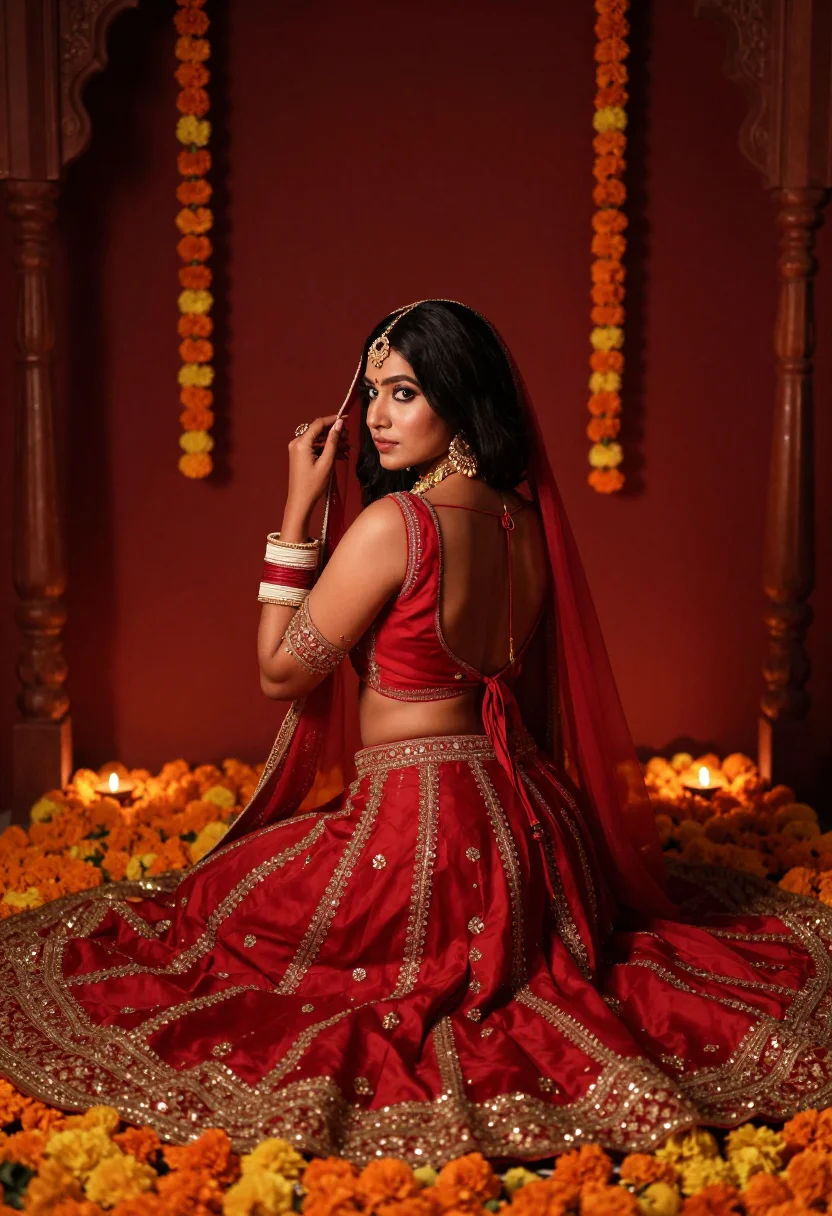 AI marigold wedding sample — photograph of a woman, warm wheat-brown skin and long black