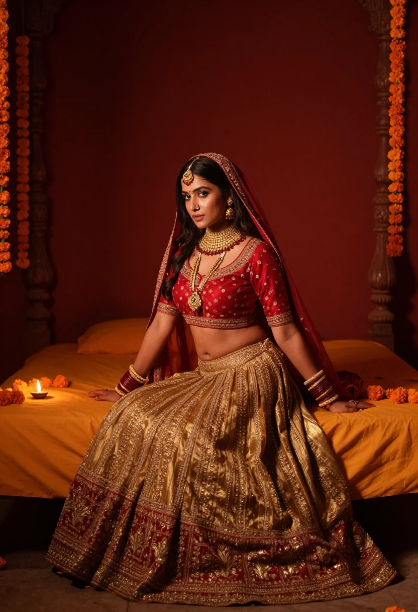 AI marigold wedding sample — photograph of a woman, warm wheat-brown skin and long black 
