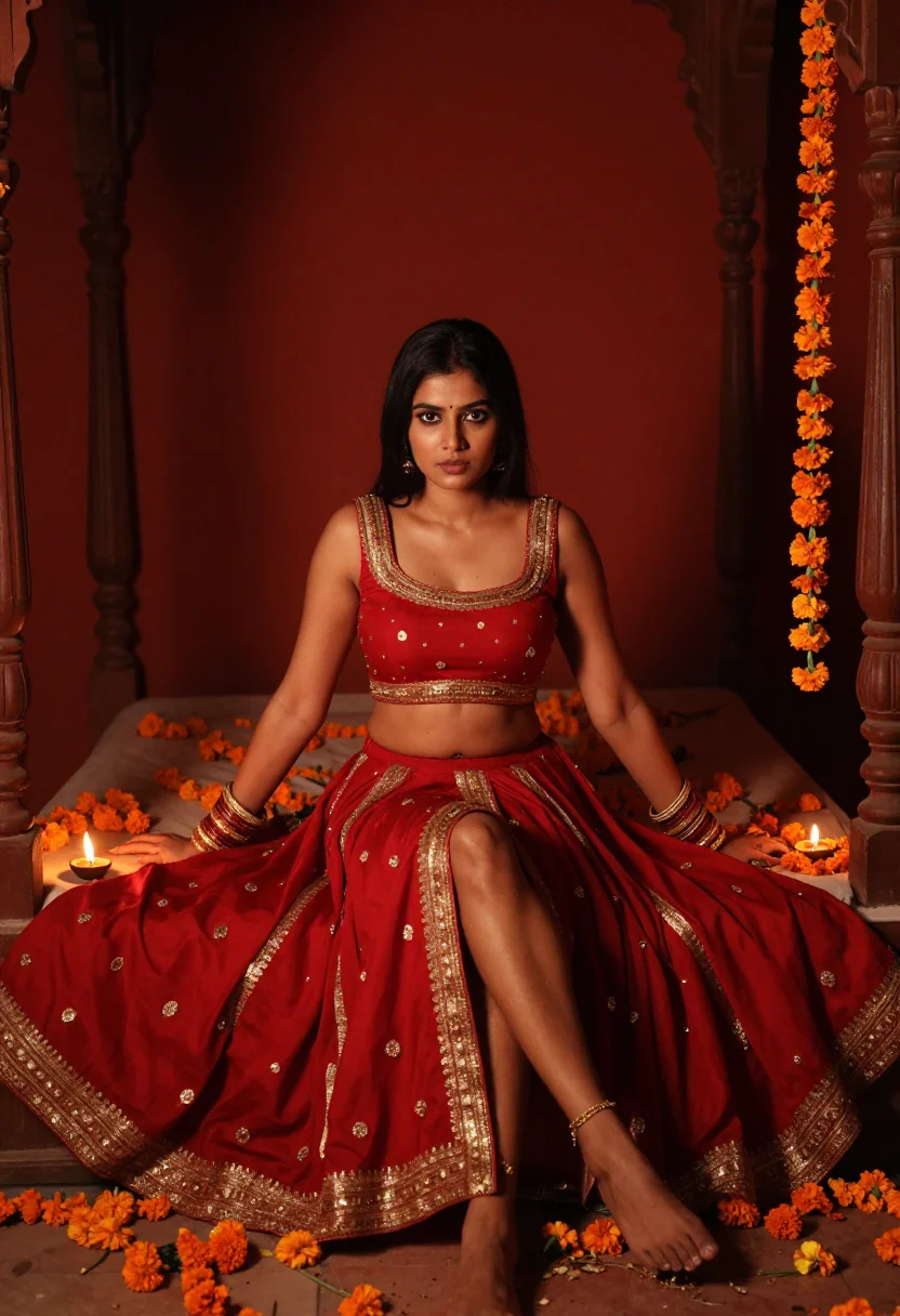 AI marigold wedding sample — photograph of a woman, warm wheat-brown skin and long black 