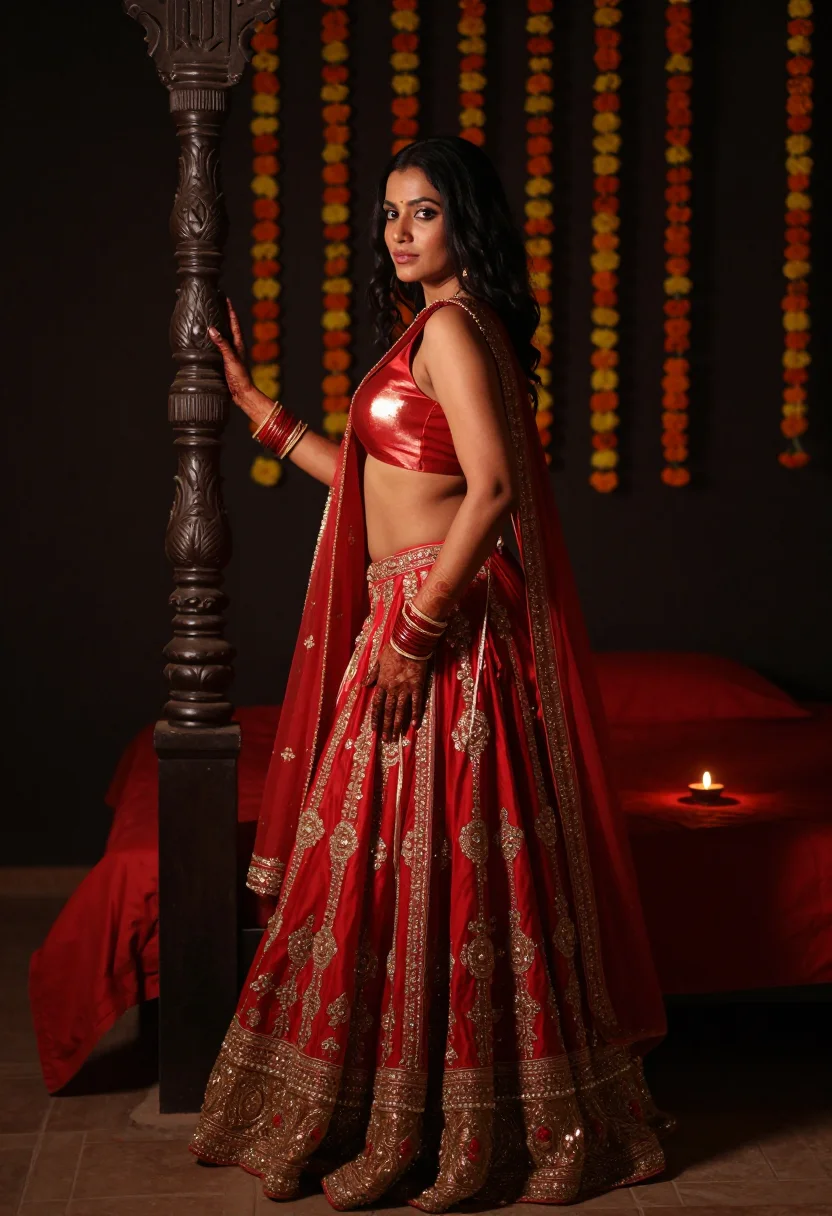 AI marigold wedding sample — photograph of a woman, warm wheat-brown skin and long black 
