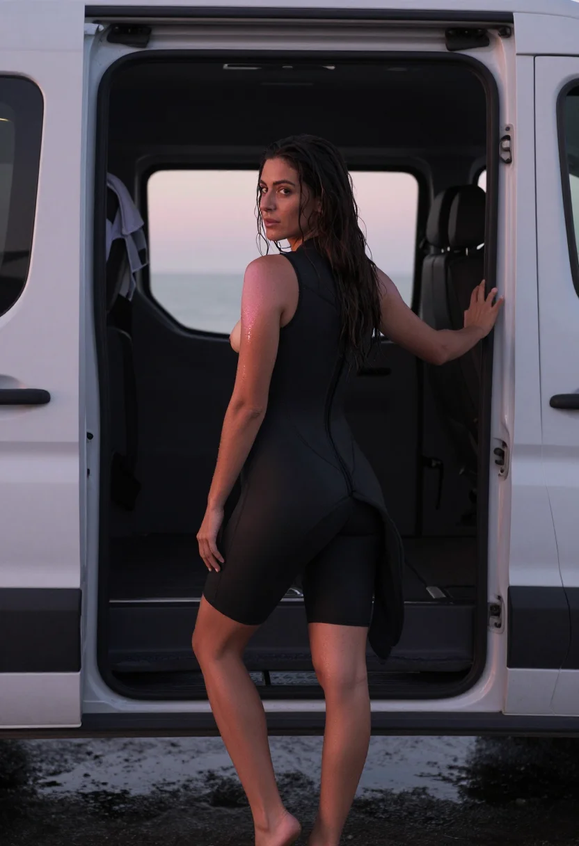 AI surf van sample — photograph of a grown woman, Portuguese, with warm olive ski