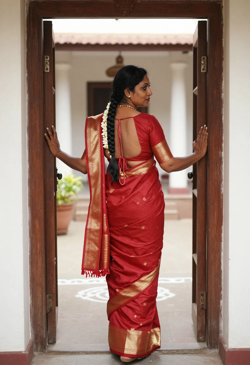 AI agraharam courtyard sample — photograph of a grown woman, Tamil, with rich brown s