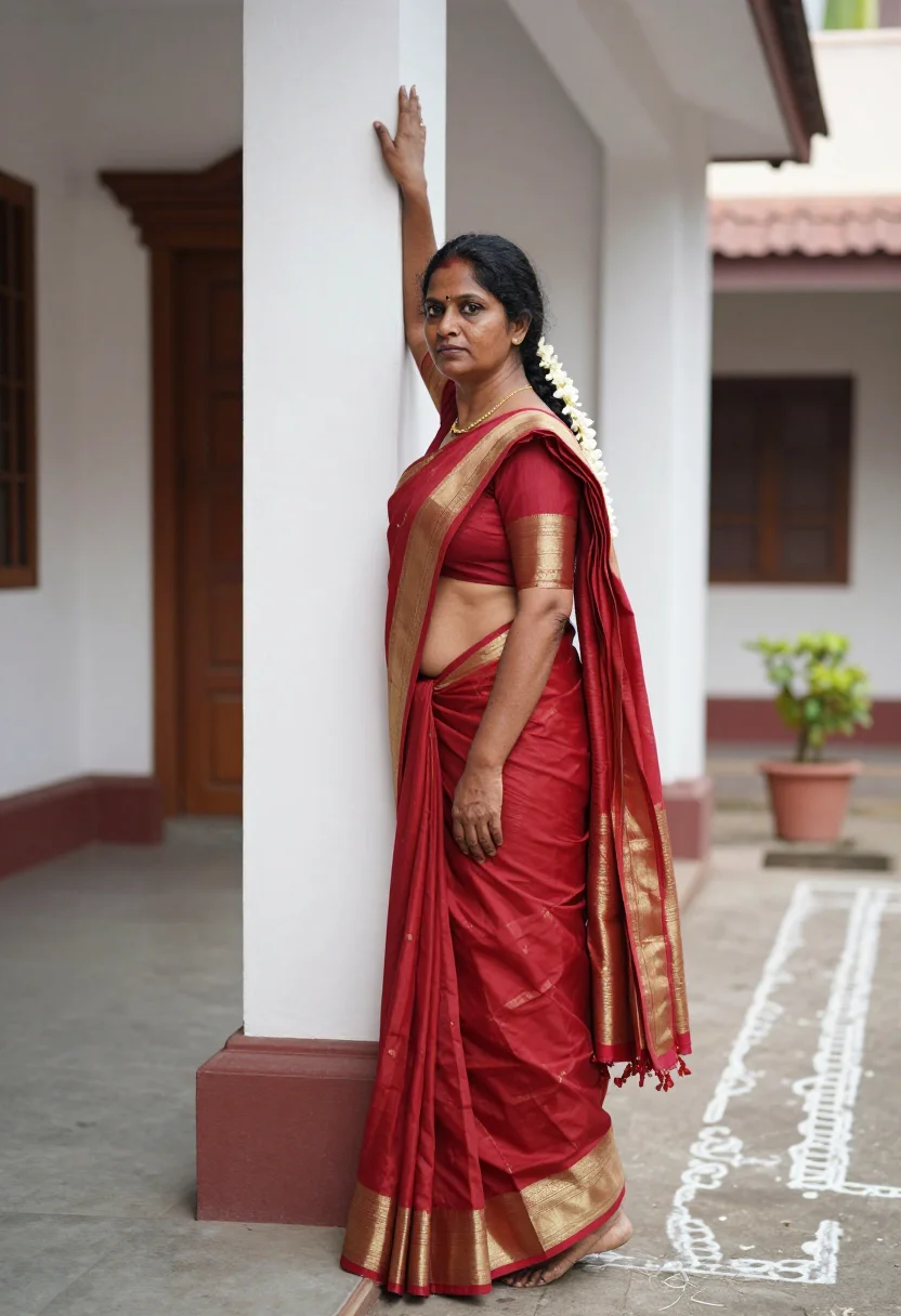 AI agraharam courtyard sample — photograph of a grown woman, Tamil, with rich brown s