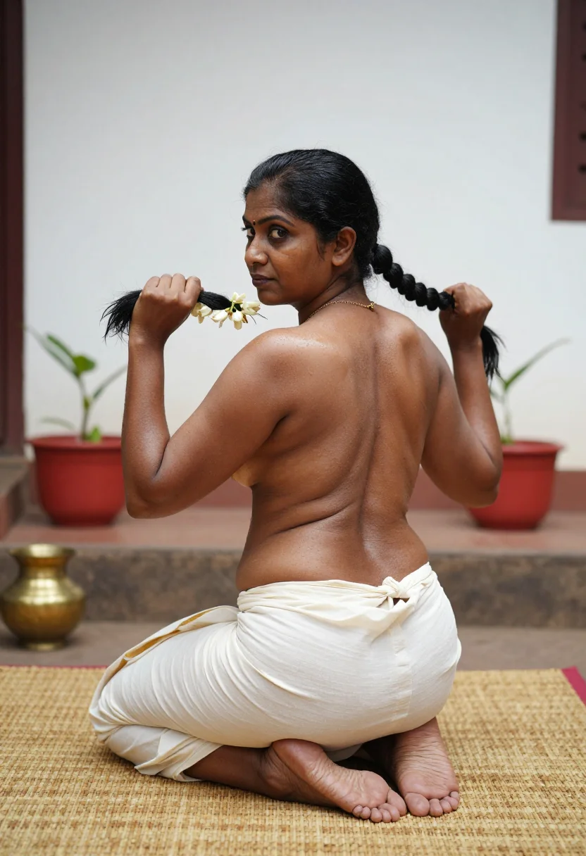 AI agraharam courtyard sample — photograph of a grown woman, Tamil, with rich brown s