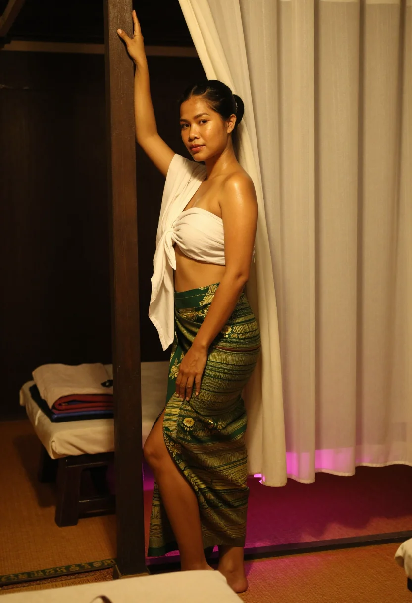 AI bangkok soi shop sample — portrait of a woman, side-on standing photograph of a Thai w