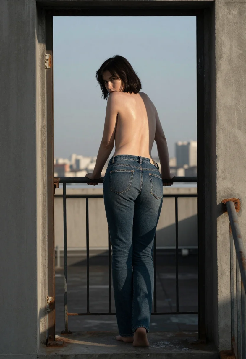 AI urbex sample — photograph of a woman, very pale skin and a dark choppy bob,