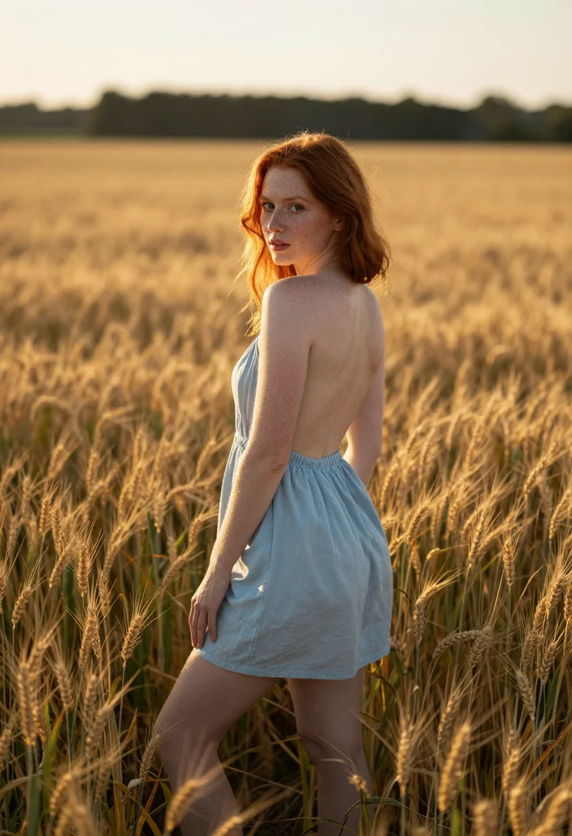 AI wheat field sample — photograph of a woman, pale freckled skin and coppery red ha