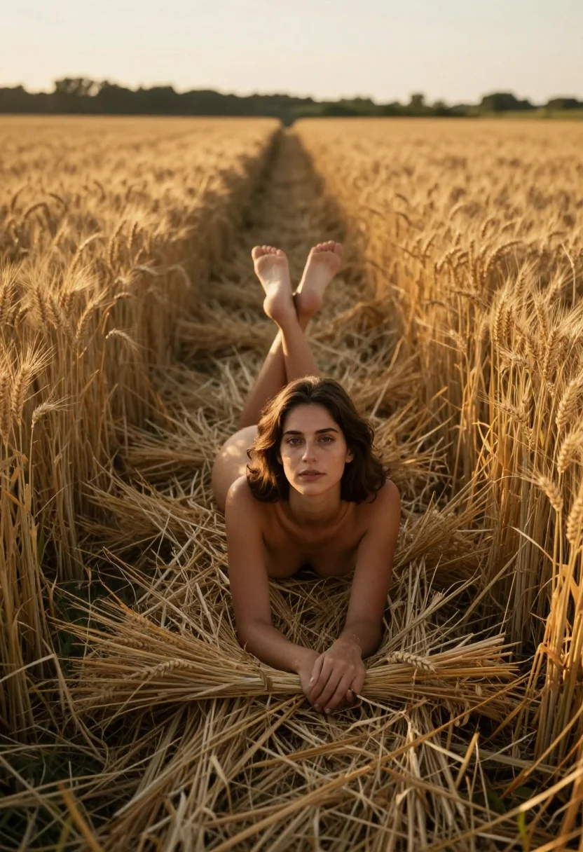 AI wheat field sample — photograph of a woman, sun-browned skin and dark brown hair,